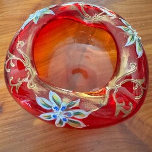 Vintage Czech Bohemian hand painted cranberry red glass ashtray/bowl